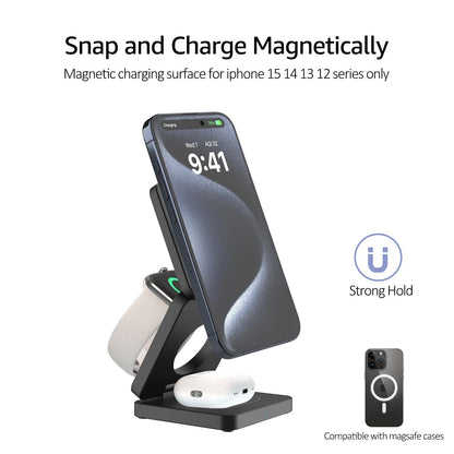 SMARTUNO™ Trifold 3-in-1 MagSafe Qi2 Fast Wireless Charger Stand for iPhone, AirPods, iWatch & Other Qi2-Enabled Devices