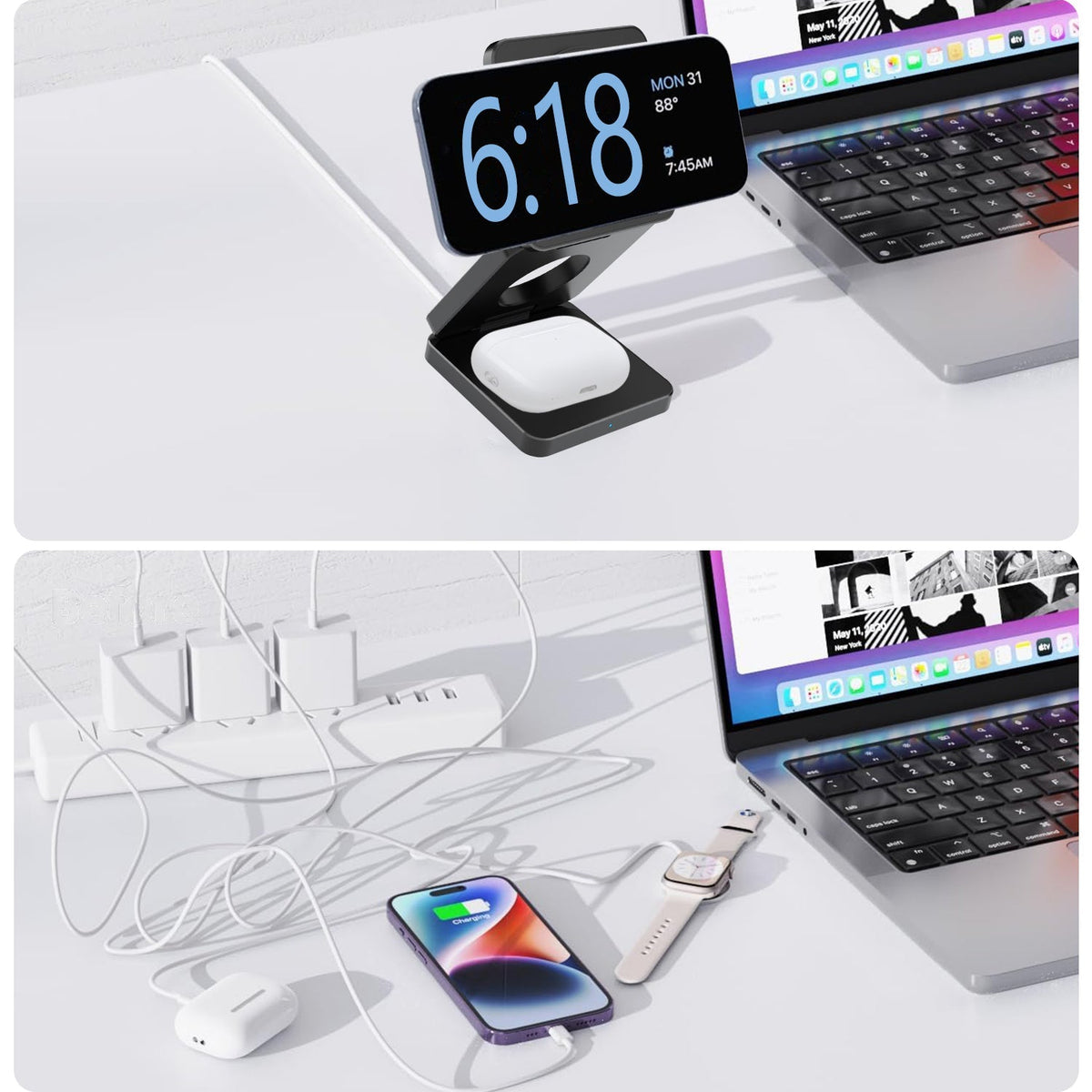 SMARTUNO™ Trifold 3-in-1 MagSafe Qi2 Fast Wireless Charger Stand for iPhone, AirPods, iWatch & Other Qi2-Enabled Devices