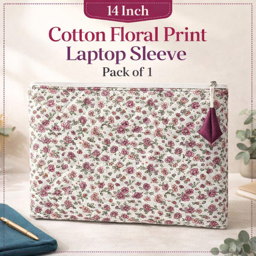14-Inch Cotton Floral Print Laptop Sleeve – Protective MacBook & Notebook Cover | Soft Fabric Book Sleeve Pouch (Pack of 1)
