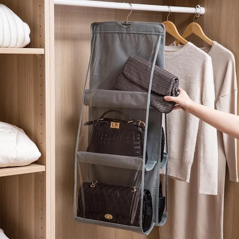 6 Pocket Hanging Handbag Organizer For Wardrobe Closet Gray Waterproof Storage Bag Door Wall Clear Sundry Bag With Hange