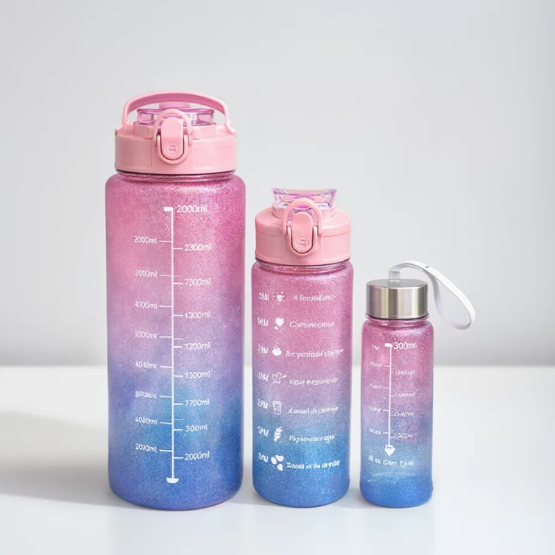 Motivational Water Bottle Set of 3 with Time Marker – 2L, 700ml & 300ml BPA-Free Leakproof Bottles | Gradient Design with Inspirational Quotes (Free Cleaning Brush)