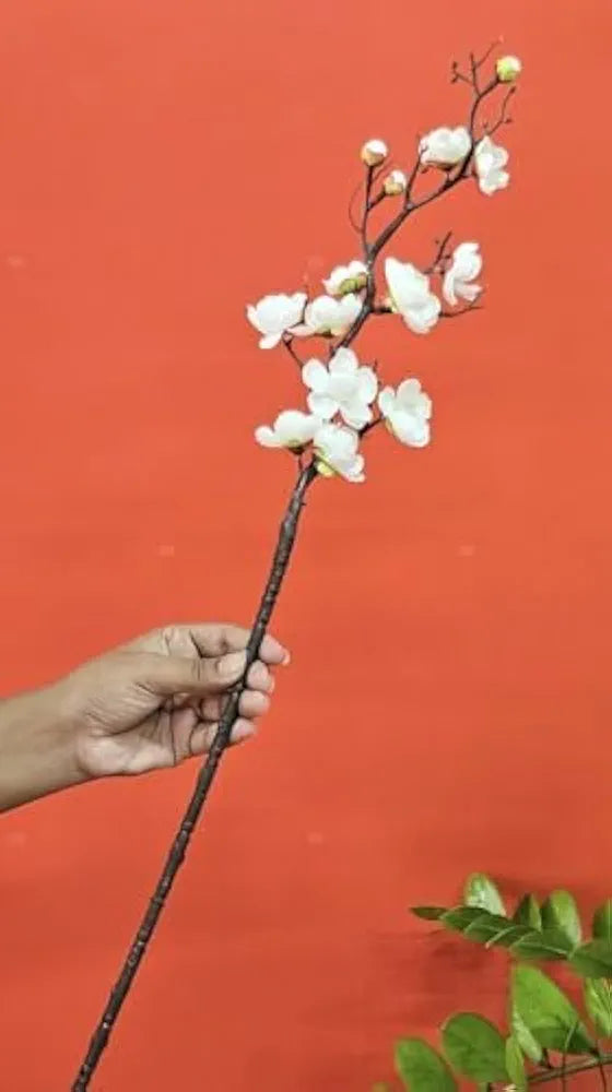SATYAM KRAFT 3 Sticks Artificial Blossom Flower Bouquet Sticks for Home Decor, Bedroom, Living Room, Table, Balcony, Office, Wedding, Pooja, Anniversary Decorations – White 