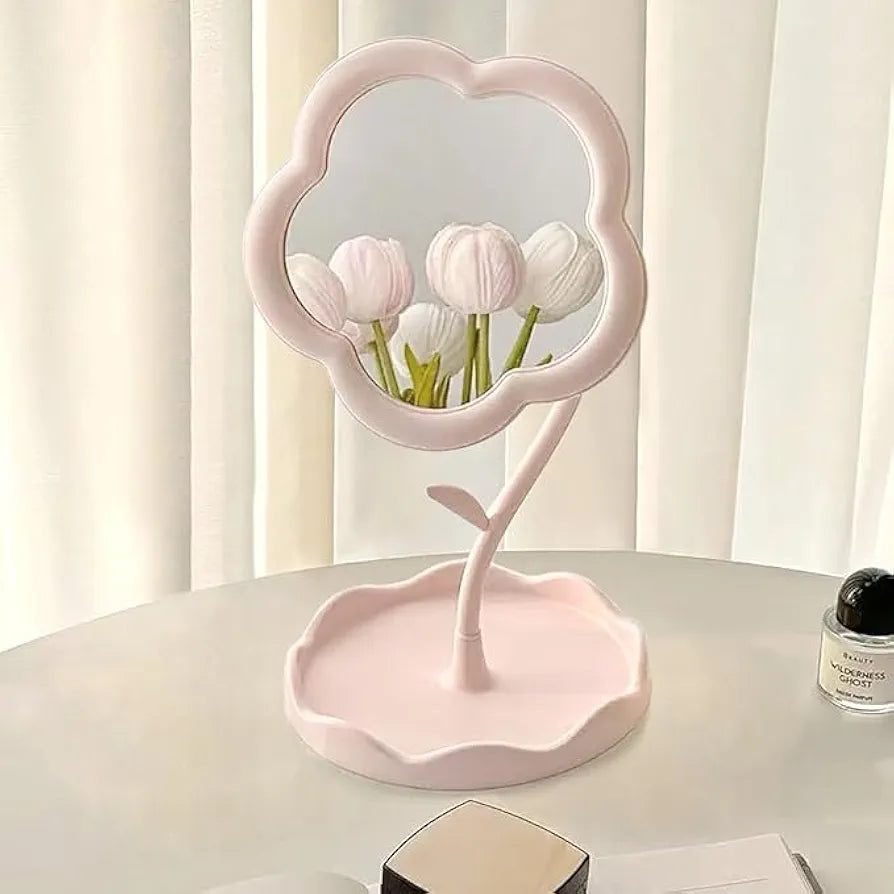 VIHM Flower-Shaped Makeup Mirror, Rotatable Makeup Mirror with Tray Table Vanity Mirror Cute Flower-Shaped Mirror for Tabletop, Bedroom, Bathroom, Living Room   