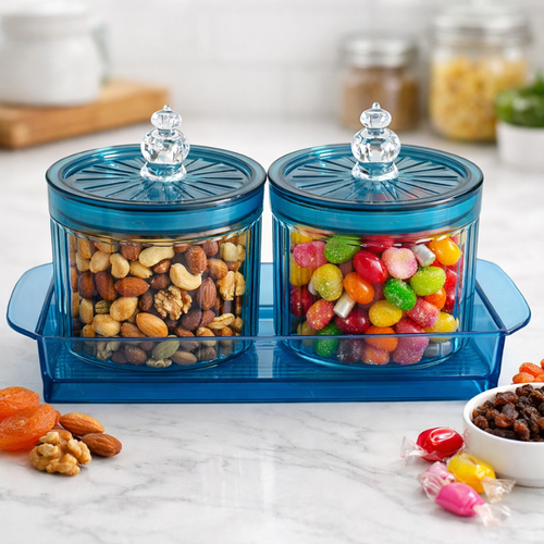 500ml Dry Fruit Storage Container Set (2 Jars with Tray) | Multipurpose Mukhwas & Snacks Organizer | Plastic Serving Box (Random Color)