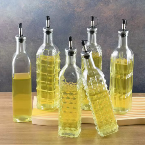 500ml Glass Oil & Vinegar Dispenser | Square Bottle with Pourer | Leakproof Kitchen Oil Bottle for Cooking (Random Design- Pack of 1)