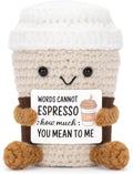 Handmade Crochet Coffee Emotional Support Cute Desk Decor with Positive Message Card Motivational Gifts Toys for Home Baby Office Coworkers