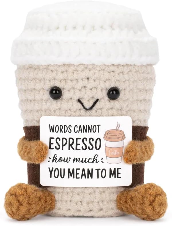 Handmade Crochet Coffee Emotional Support Cute Desk Decor with Positive Message Card Motivational Gifts Toys for Home Baby Office Coworkers