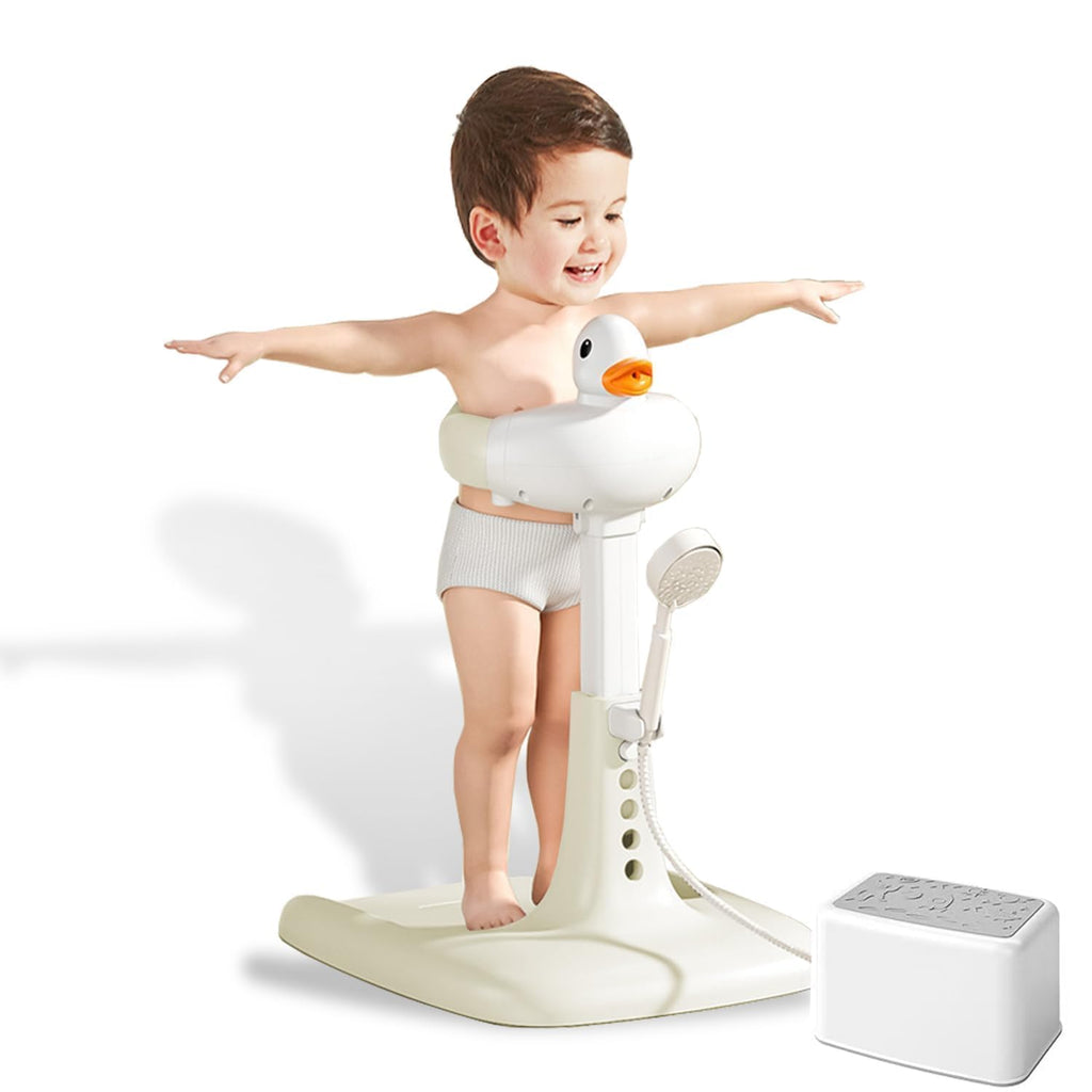 Shower Bath Stand with Adjustable Height, Non-Slip Base, Huggable Duckling, Baby Standing Bath with Cartoon Duck Safe Design Easy to Use Durable