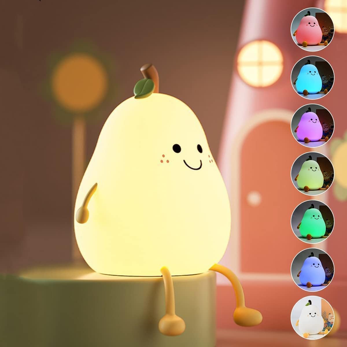 Rechargeable Silicone Pear Night Lamp, Touch Control 7 Color LED Baby Night Light for Kids Bedroom, Nursery, Bedside Decor, Gift for Kids