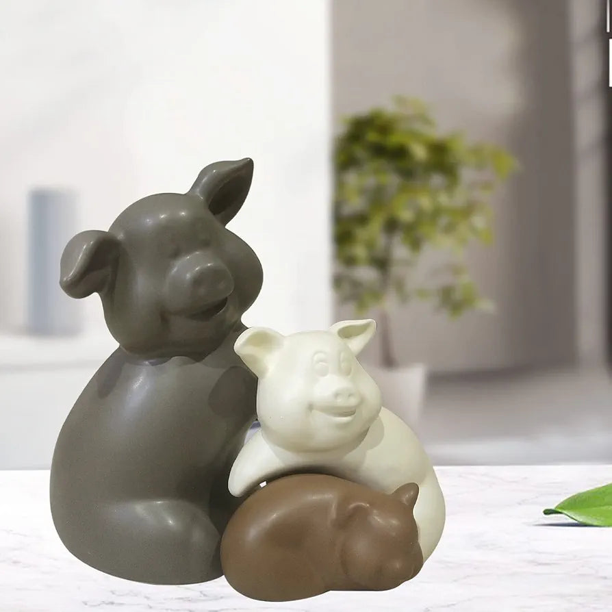 LADROX Home Décor Teddy Piggy Family Matte Finish Ceramic Figurines - 