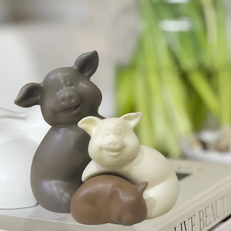 LADROX Home Décor Teddy Piggy Family Matte Finish Ceramic Figurines - 