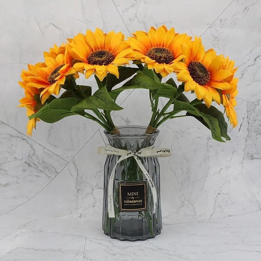 SATYAM KRAFT 1 Pcs Artificial Sunflowers Stick Bunch | Realistic Look & Charming Flowers | 6 Heads Bouquet for Home Decor, Bedroom, Balcony, Wedding  ,Fabric