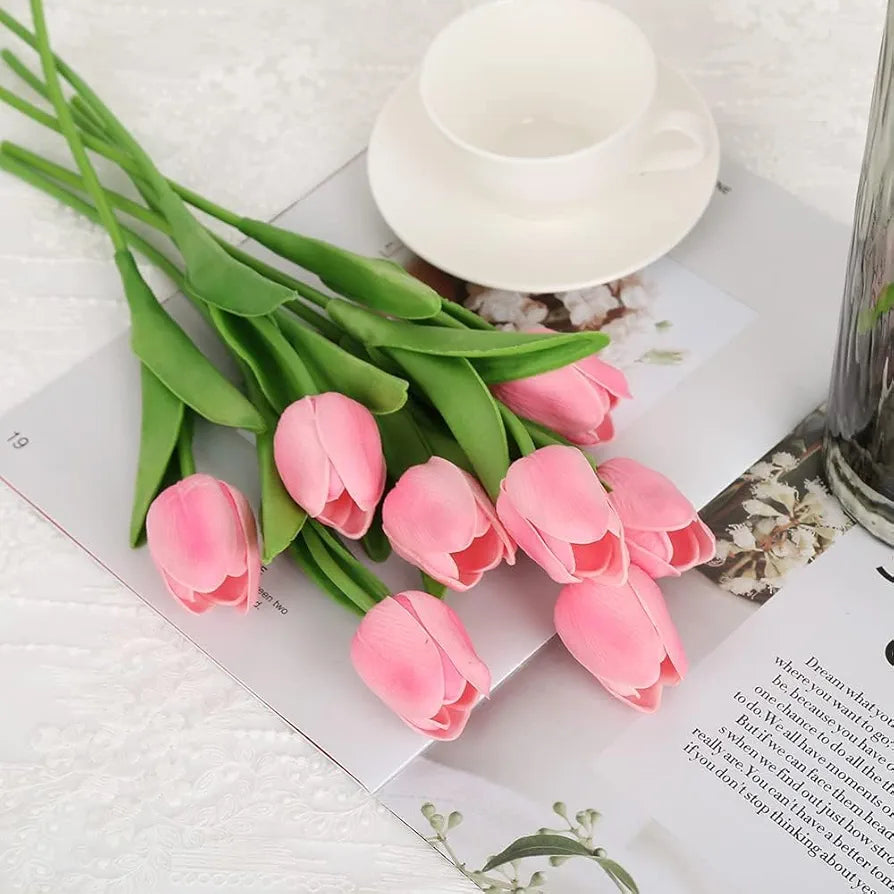Tied Ribbons 5 Pcs Artificial Tulip Flowers Bunches For Vase  Home Decoration Items For Living Room Corner Table Top Bedroom Wedding Party Decorative Gift  - Silk
