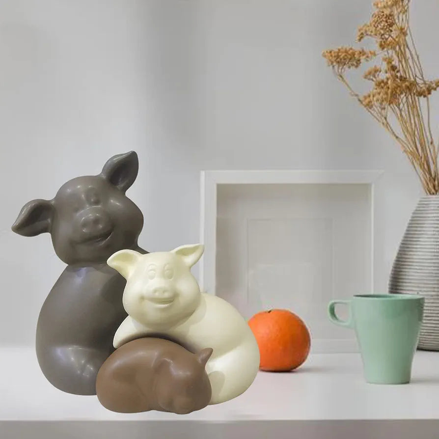 LADROX Home Décor Teddy Piggy Family Matte Finish Ceramic Figurines - 