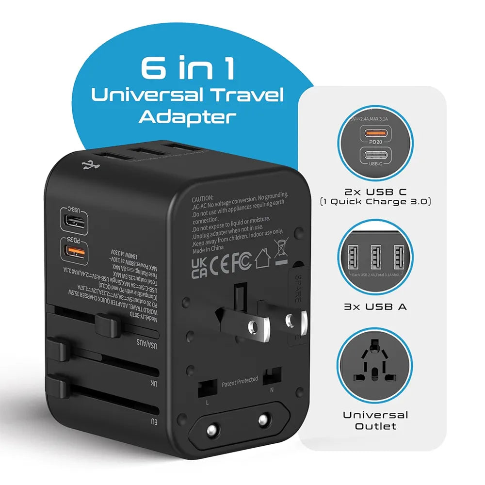 Universal Charger Adapter, 35W 6 in 1 International Travel Adapter, Universal Plug Socket with 10 Years Warranty, PD/QC 3.0, 1x USB-C, 3 USB Fast Charging, Worldwide Travel Adapters.