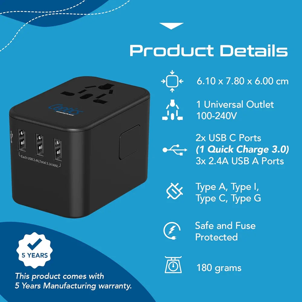 Universal Charger Adapter, 35W 6 in 1 International Travel Adapter, Universal Plug Socket with 10 Years Warranty, PD/QC 3.0, 1x USB-C, 3 USB Fast Charging, Worldwide Travel Adapters.
