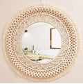 GUL DECOR|Handmade Cotton Macrame Wall Hanging Glass Mirror With Boho Fringes, Bohemian Art Decorative Aina For Make-Up, Living Room, Bedroom, Off-White, Dia 18 Inches, Style 30, Framed, Round
