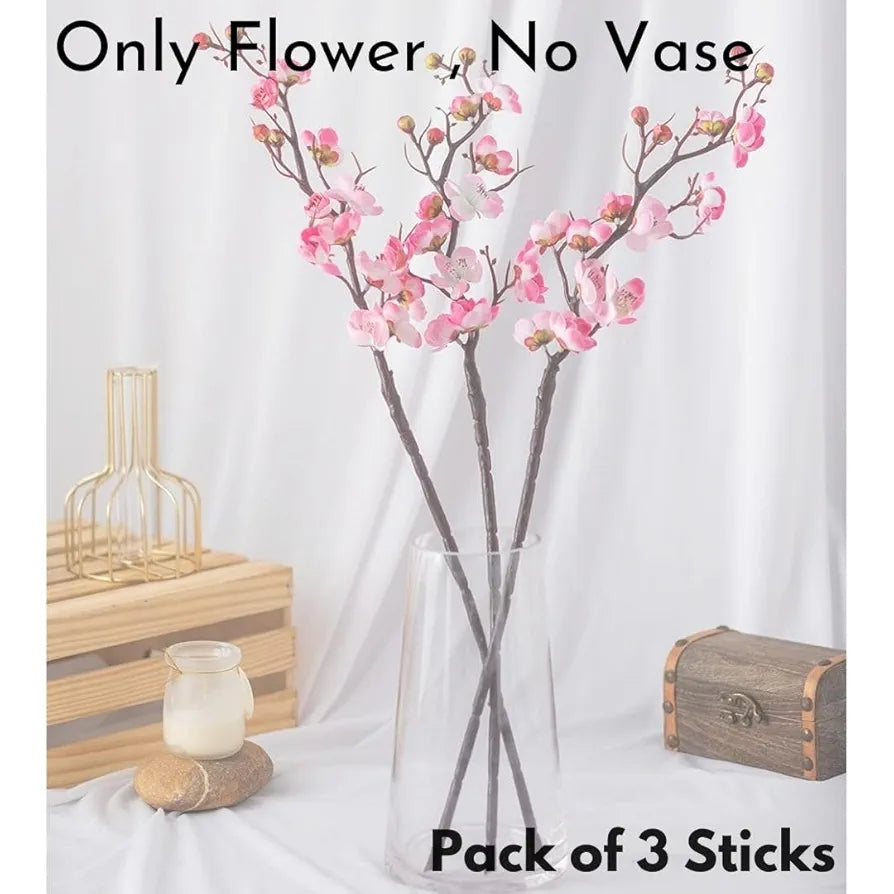 SATYAM KRAFT 3 Sticks Artificial Blossom Flower Bouquet Sticks for Home Decor, Bedroom, Living Room, Table, Balcony, Office, Wedding, Pooja, Anniversary Decorations – White 