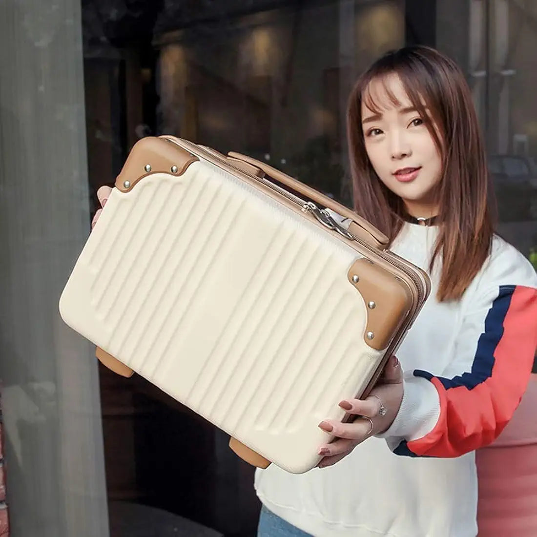Yagzon ABS Hard Shell Cosmetic Travel Hand Luggage Portable Carrying Makeup Case Suitcase Organizer Box Vanity Mini Suitcase 14'' Books, Bottles, Clothes, Small Accessory Bag, 30 cm, No Wheels, Brown