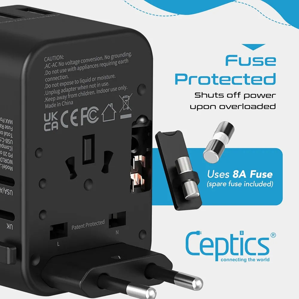 Universal Charger Adapter, 35W 6 in 1 International Travel Adapter, Universal Plug Socket with 10 Years Warranty, PD/QC 3.0, 1x USB-C, 3 USB Fast Charging, Worldwide Travel Adapters.