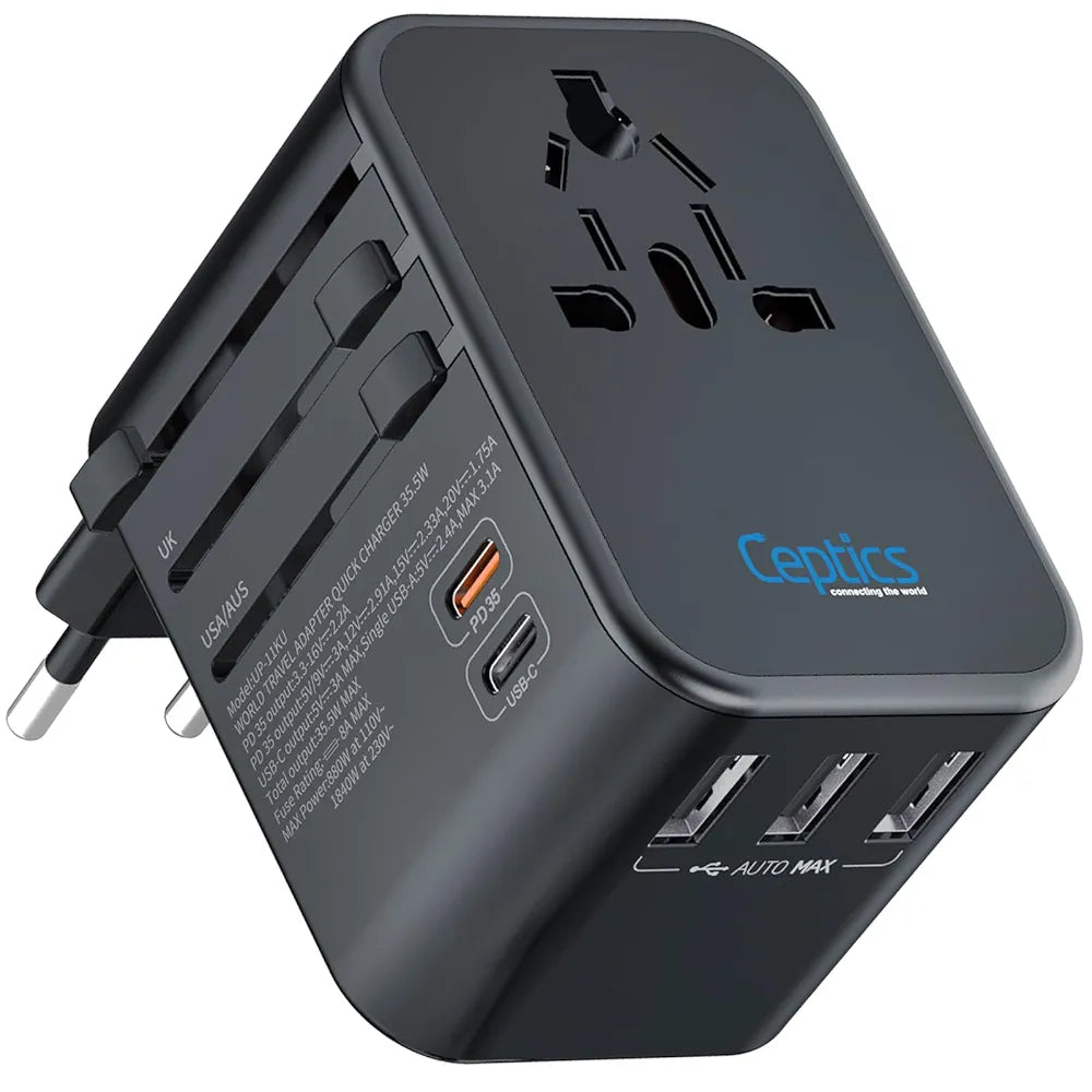 Universal Charger Adapter, 35W 6 in 1 International Travel Adapter, Universal Plug Socket with 10 Years Warranty, PD/QC 3.0, 1x USB-C, 3 USB Fast Charging, Worldwide Travel Adapters.