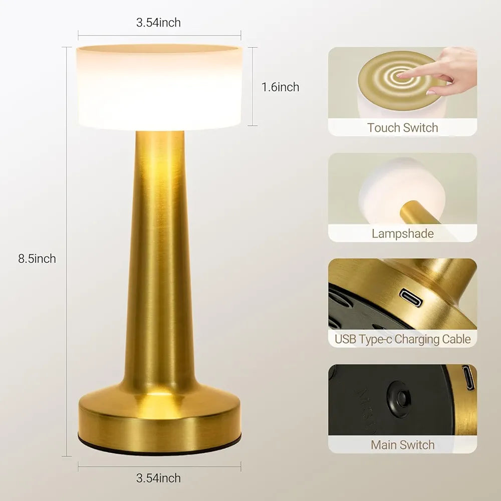 Desidiya Portable LED Table Lamp for Bedroom, Living Room, Stepless Dimming, 3 Colour Touch Control Metallic Finish Rechargeable Battery Backup Night Light, Bedside Table Lamp