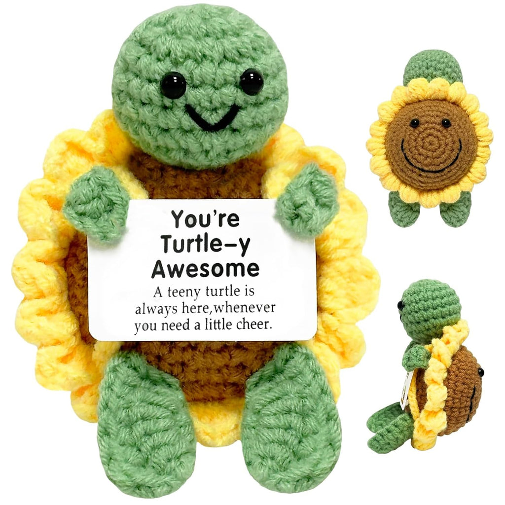 Sunflower Turtle Crochet Toys - Emotional Support Animal with Inspirational Message Card | Handmade Desk Decor for Office & Home, Positive Gift for Women Men Kids