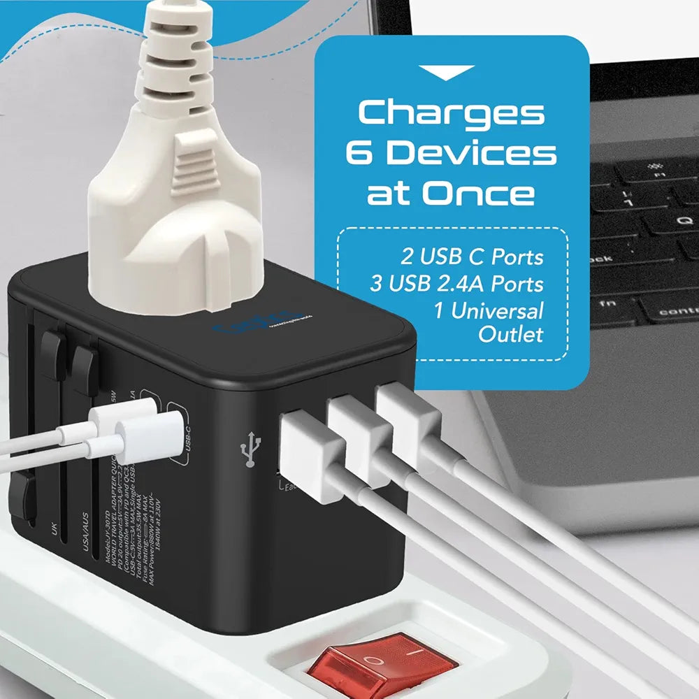 Universal Charger Adapter, 35W 6 in 1 International Travel Adapter, Universal Plug Socket with 10 Years Warranty, PD/QC 3.0, 1x USB-C, 3 USB Fast Charging, Worldwide Travel Adapters.