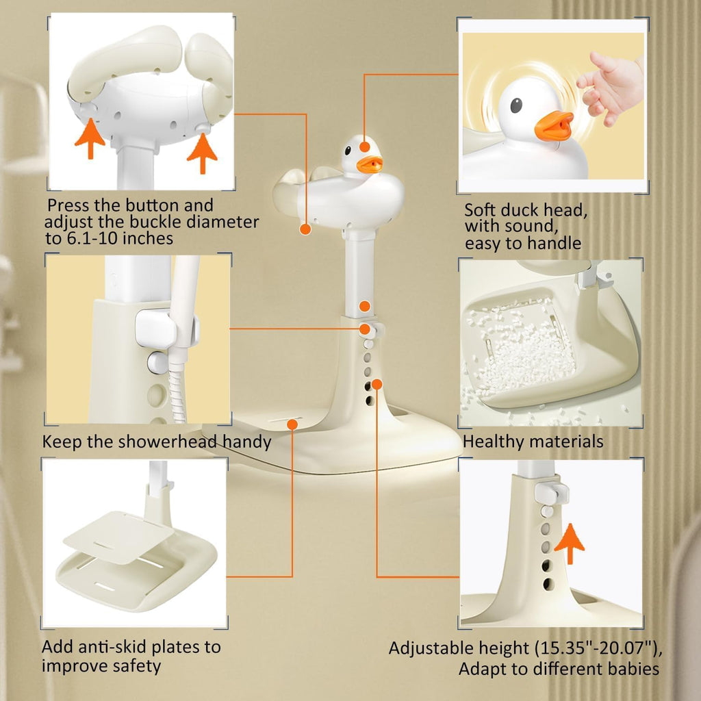 Shower Bath Stand with Adjustable Height, Non-Slip Base, Huggable Duckling, Baby Standing Bath with Cartoon Duck Safe Design Easy to Use Durable