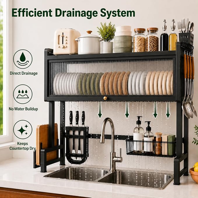 Dish Drying Rack for Kitchen More Sturdy Stable with Door 105cm, Features Knife Rack, Cutting Board Holder