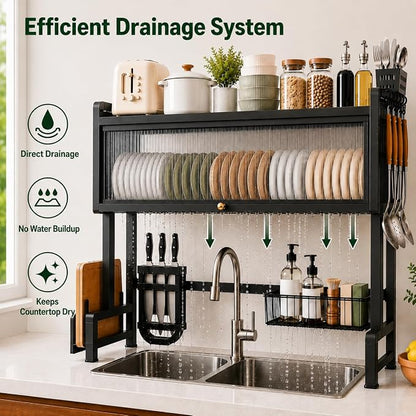 Dish Drying Rack for Kitchen More Sturdy Stable with Door 105cm, Features Knife Rack, Cutting Board Holder