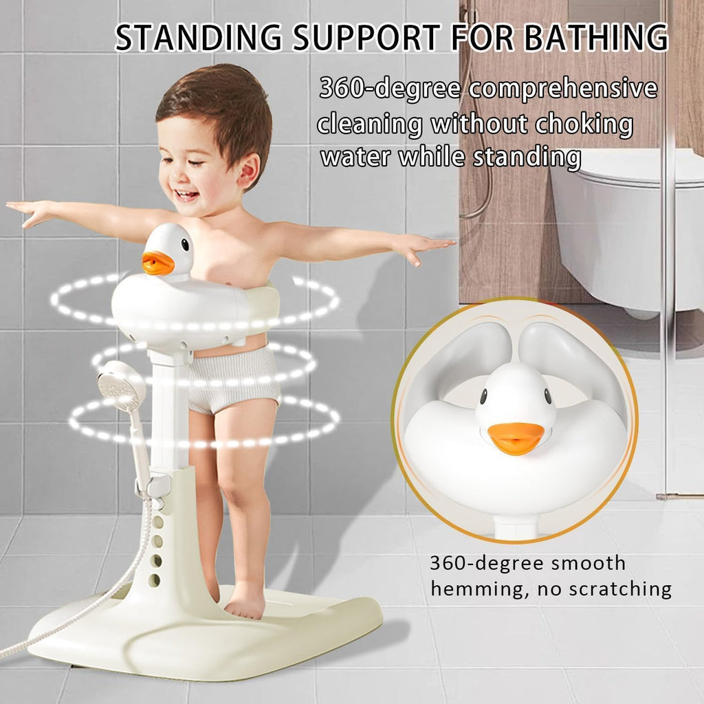 Shower Bath Stand with Adjustable Height, Non-Slip Base, Huggable Duckling, Baby Standing Bath with Cartoon Duck Safe Design Easy to Use Durable