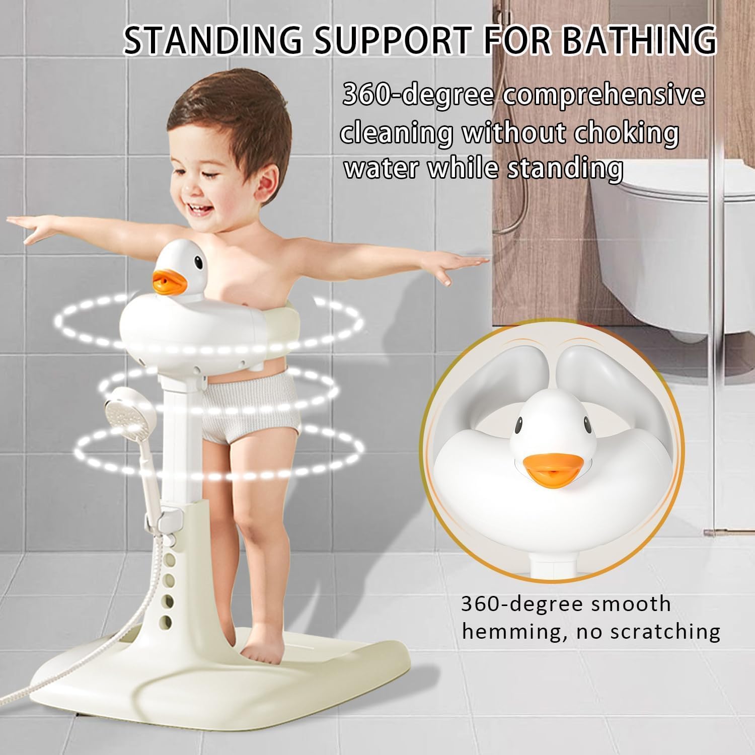 Shower Bath Stand with Adjustable Height, Non-Slip Base, Huggable Duckling, Baby Standing Bath with Cartoon Duck Safe Design Easy to Use Durable