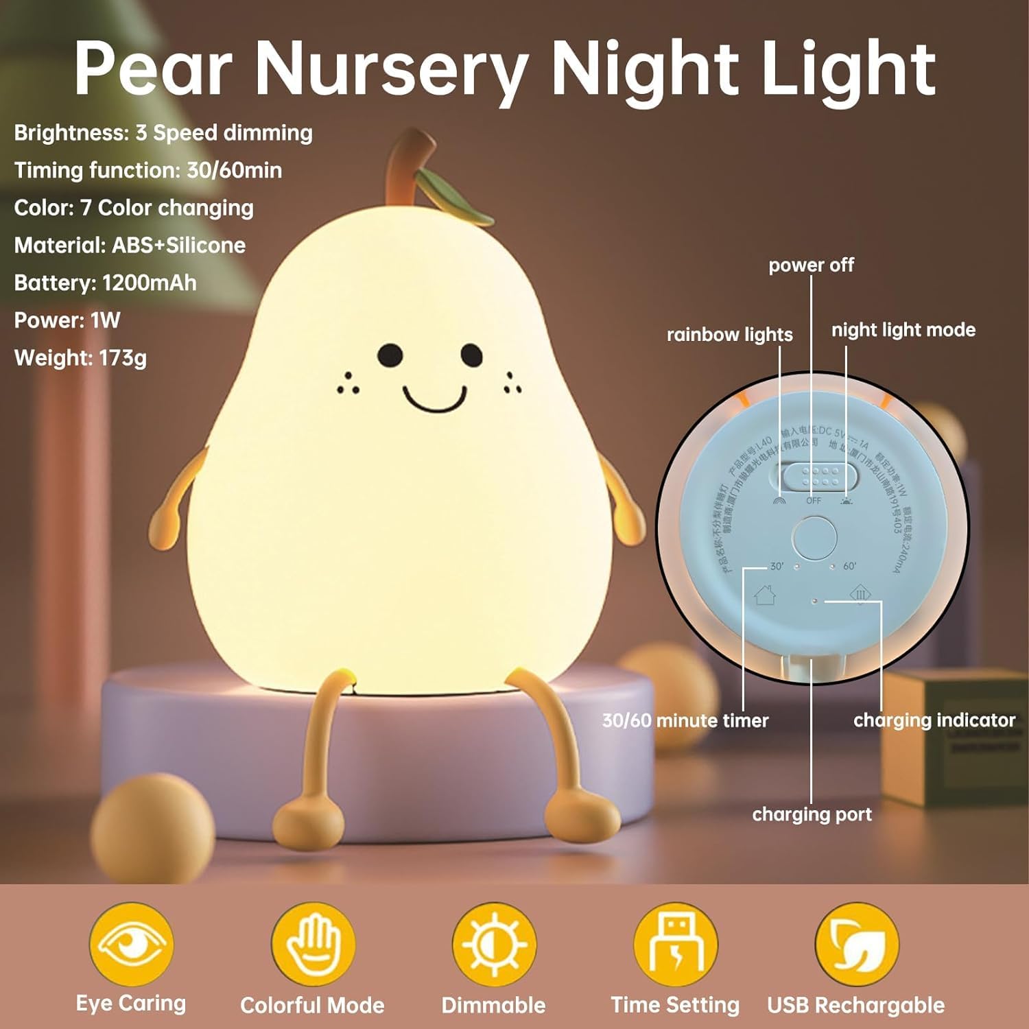 Rechargeable Silicone Pear Night Lamp, Touch Control 7 Color LED Baby Night Light for Kids Bedroom, Nursery, Bedside Decor, Gift for Kids
