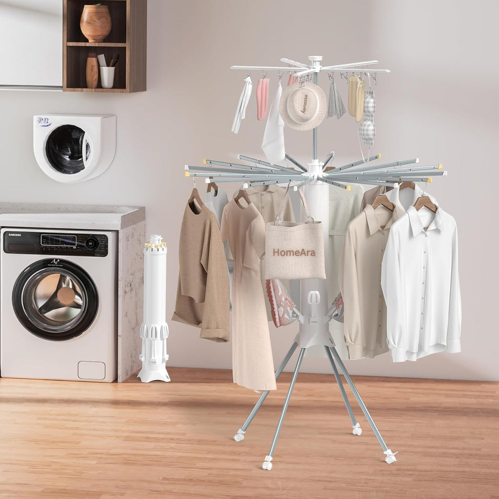Foldable Rotating Cloth Drying Rack | 360° Multi-Layer Laundry Stand with Lockable Wheels & Strong Load Capacity