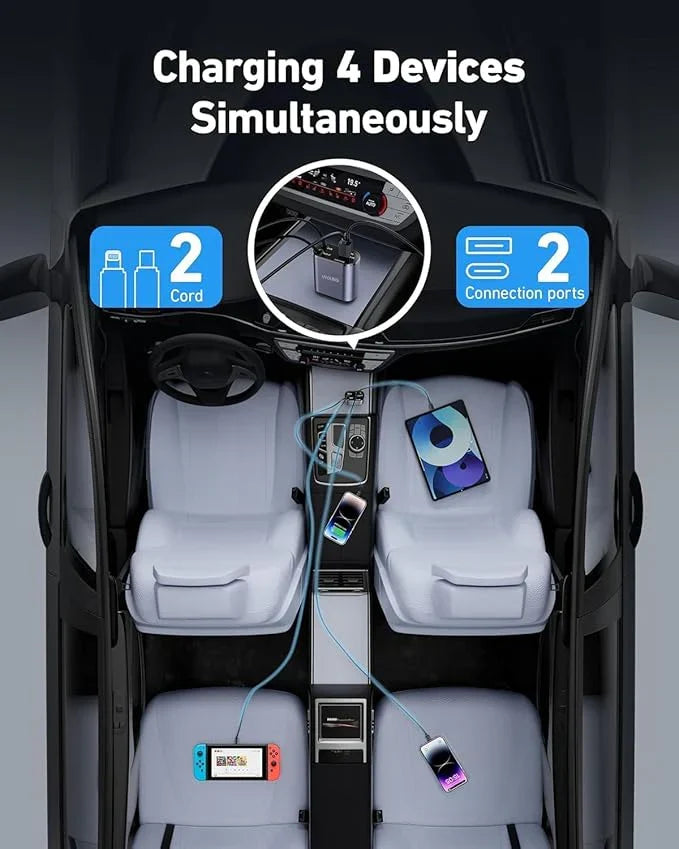 SMARTUNO™ 4 in 1 Retractable cables 2 Type C and iOS Fast Charging Car Phone Charger