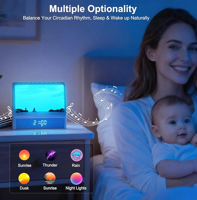 Sunrise Alarm Clock for Bedrooms, White Noise Machine Creative Simulated Sunrise Animation with 7 Modes, 12 Natural Sounds, Music Speaker & Remote