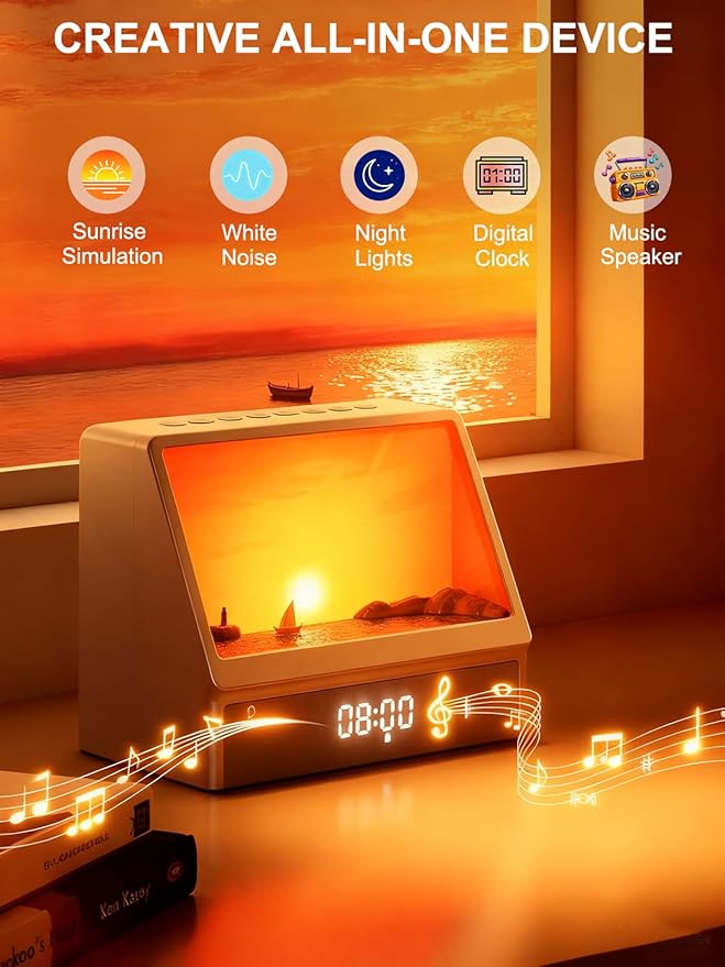 Sunrise Alarm Clock for Bedrooms, White Noise Machine Creative Simulated Sunrise Animation with 7 Modes, 12 Natural Sounds, Music Speaker & Remote