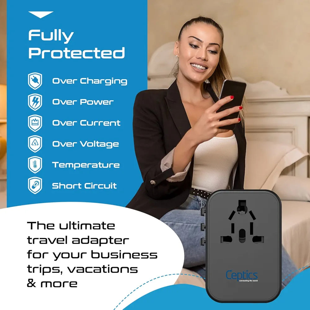 Universal Charger Adapter, 35W 6 in 1 International Travel Adapter, Universal Plug Socket with 10 Years Warranty, PD/QC 3.0, 1x USB-C, 3 USB Fast Charging, Worldwide Travel Adapters.