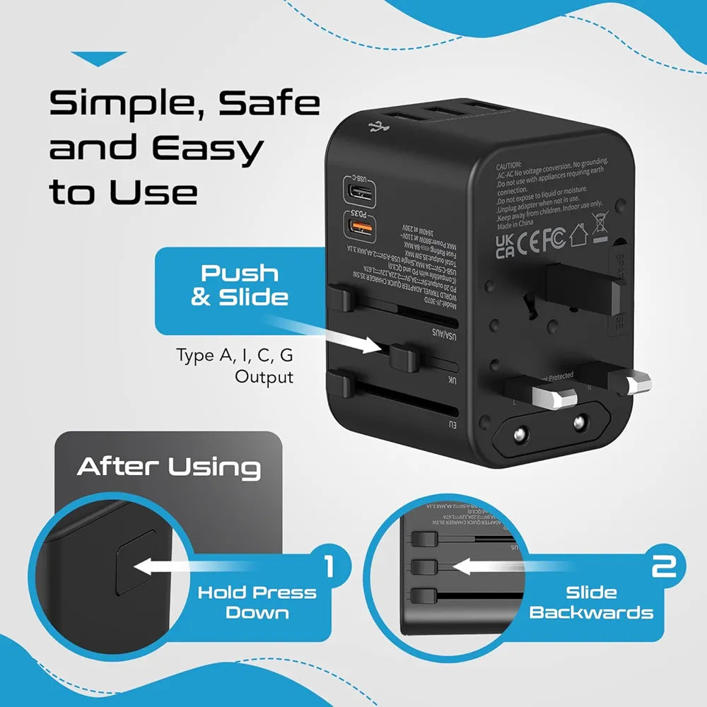 Universal Charger Adapter, 35W 6 in 1 International Travel Adapter, Universal Plug Socket with 10 Years Warranty, PD/QC 3.0, 1x USB-C, 3 USB Fast Charging, Worldwide Travel Adapters.
