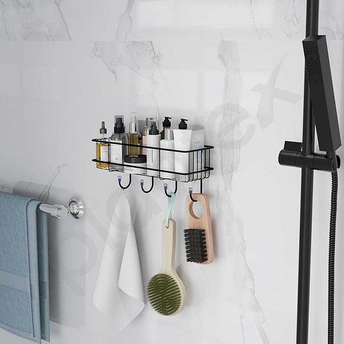 Self Adhesive Bathroom Shelf for Wall/Shelf Organizer/Kitchen Shelf with Magic Stickers - Pack of 1 (Black, Powder Coated)