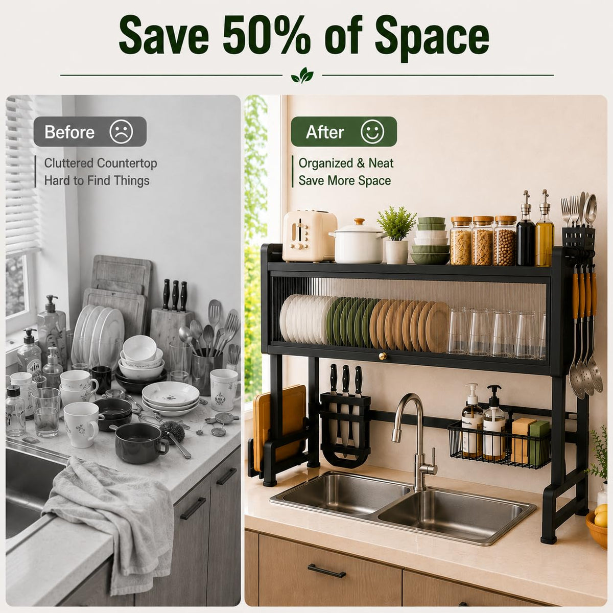 Dish Drying Rack for Kitchen More Sturdy Stable with Door 105cm, Features Knife Rack, Cutting Board Holder