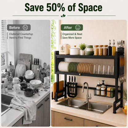 Dish Drying Rack for Kitchen More Sturdy Stable with Door 105cm, Features Knife Rack, Cutting Board Holder