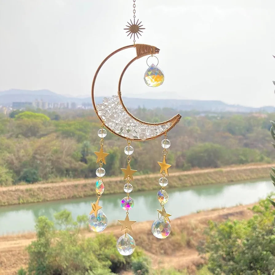 CACTOPIA Crystal Moon Crescent Suncatcher - Window, Garden, Balcony, Boho Decorative Accessory 