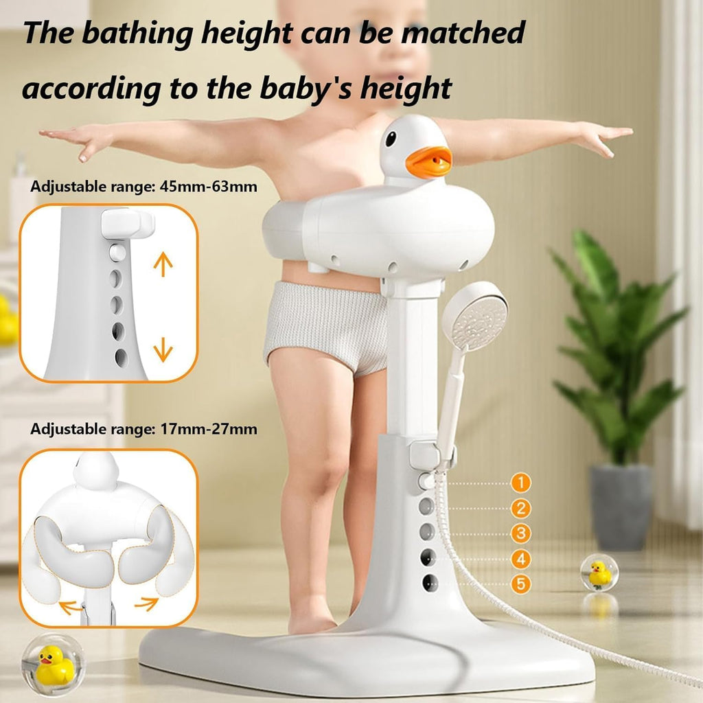 Shower Bath Stand with Adjustable Height, Non-Slip Base, Huggable Duckling, Baby Standing Bath with Cartoon Duck Safe Design Easy to Use Durable
