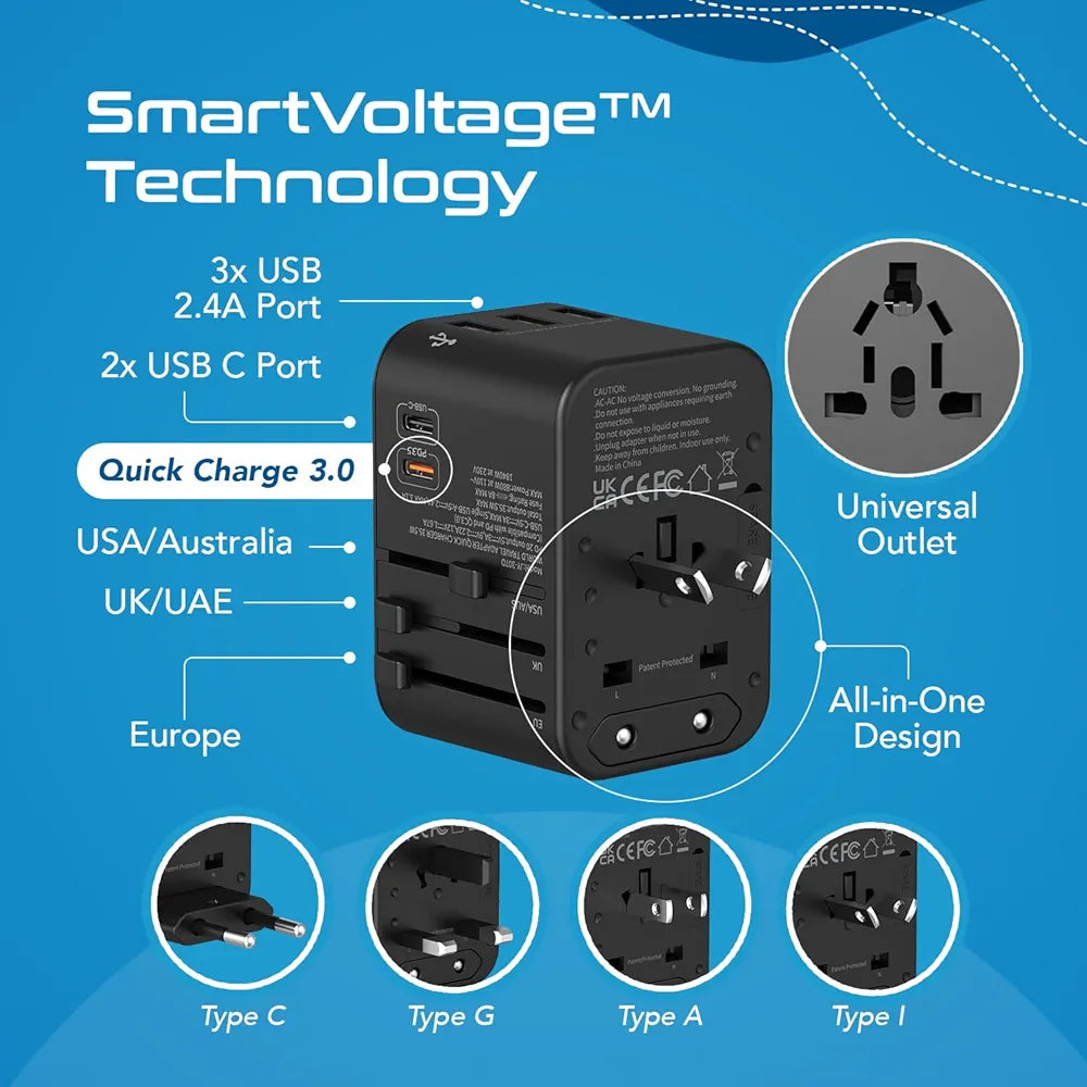 Universal Charger Adapter, 35W 6 in 1 International Travel Adapter, Universal Plug Socket with 10 Years Warranty, PD/QC 3.0, 1x USB-C, 3 USB Fast Charging, Worldwide Travel Adapters.