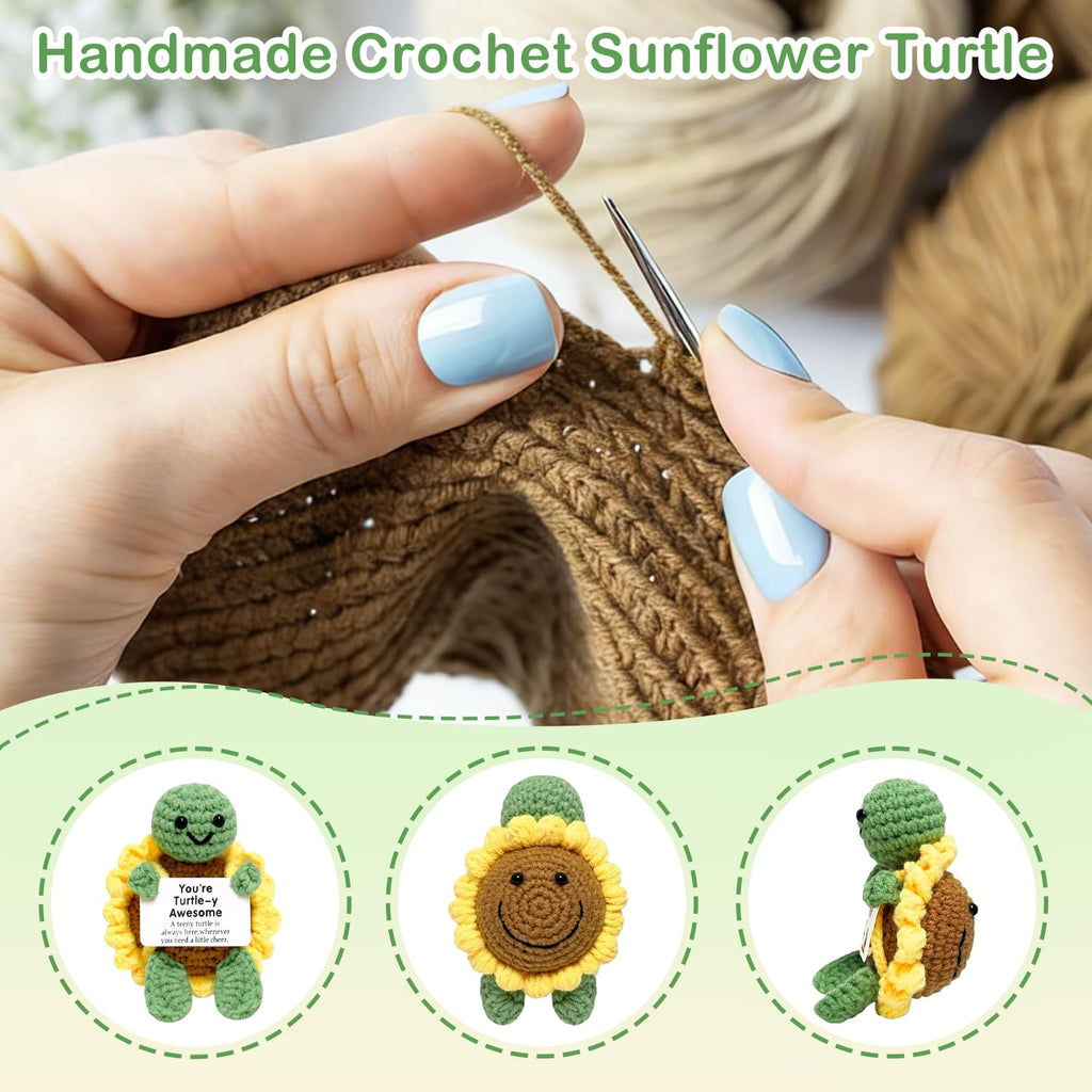 Sunflower Turtle Crochet Toys - Emotional Support Animal with Inspirational Message Card | Handmade Desk Decor for Office & Home, Positive Gift for Women Men Kids