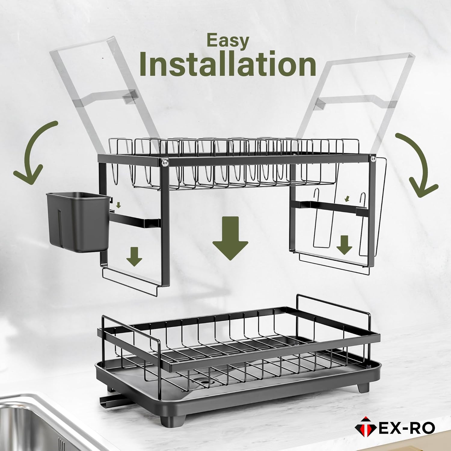 TEX-RO 2 Tier Dish Drying Rack for Kitchen with Drainer Tray | Utensils Drying Rack with Cutlery Holder | Glass Holder & Cutting Board Holder | Anti-Rust Steel Dish Rack Kitchen Organizer