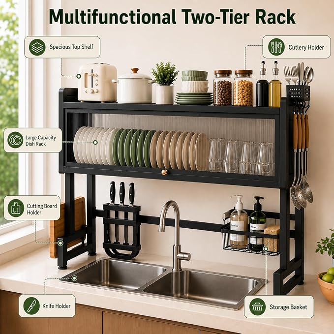 Dish Drying Rack for Kitchen More Sturdy Stable with Door 105cm, Features Knife Rack, Cutting Board Holder