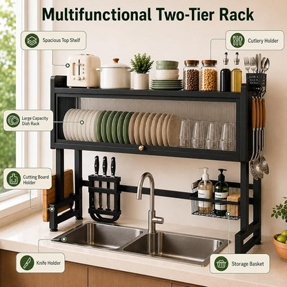 Dish Drying Rack for Kitchen More Sturdy Stable with Door 105cm, Features Knife Rack, Cutting Board Holder